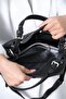 Women's Hand and Shoulder Bag with Embossed Logo, Double Strap, Flap, Stylish Bucket Bag, Black - 4