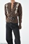 Women's Brown Buttoned Diamond Pattern Belted Wool Knitwear Cardigan - 3
