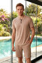 Men's Short Sleeve Collar Rope Detail Shorts Cotton Single Jersey Pajama Set 260013 Mink - 3