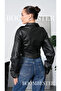 Women's Faux Leather Lined Cropped Coat Extra Long Wrinkled Sleeve Detail Jacket - 3