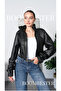 Women's Faux Leather Lined Cropped Coat Extra Long Wrinkled Sleeve Detail Jacket