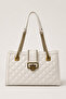 Quilted Embroidered Chain and Folding Lock Detailed Women's Large Stylish Shoulder Bag Cream