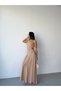 Beige One-Shoulder Waist Draped Dress with Panel Detail - 3