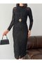 Black Long Sleeve Sequin Embroidered Midi Dress with Accessory Detail - 5