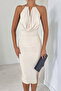 Ecru Neck Accessory Detailed Backless Slit Sandy Fabric Dress