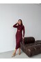 Burgundy Long Sleeve Sequin Embroidered Midi Dress with Accessory Detail - 3