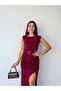 Burgundy Gathered Dress with Buckle Detail and Slit - 5