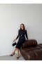 Black Long Sleeve Sequin Embroidered Midi Dress with Accessory Detail - 3