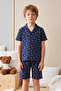 Patterned Buttoned Front Shorts Boys' Single Jersey Cotton Pajama Set 260354 Navy Blue - 2