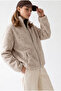 4984 Women's Zippered Front Pocket Soft Textured Stand Collar Fleece Sweatshirt Natural