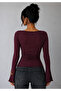 Burgundy Draped Square Neck Spanish Sleeve Ribbed Cotton Spring Autumn Top Blouse - 2