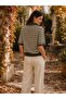Women's Striped Polo Collar Button Detailed Half Sleeve Mercerized Knitwear Blouse - 2