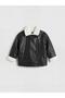Plush Collared Faux Leather Look Girls' Coat (W6) - 2