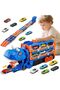 Dinosaur Truck Toy Set for Toddlers, Portable Foldable Race Track Toys with 12 Racing Cars, Launcher Truck Toy with Storage PlaySet, Perfect Gifts for Kids Age 3-9 Year Old (Blue) - 7