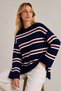 Women's Navy Blue Crew Neck Striped Loose Cut Knitwear Sweater - 3