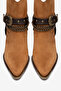 Tan Matte Suede Chain Buckle Detail Pointed Toe Western Cowboy Boots - 4