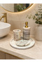 4-Piece Beige Marble Bathroom Set with Gold Pump Liquid Soap Dispenser, Toothbrush Holder, Soap Dish and Tray - 3