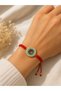Red Braided Zircon Stone, Hollow Center, Round Evil Eye Motif, Gold Detailed Adjustable Women's Bracelet