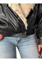 |   Double-Breasted Leather Coat with Fur Collar - Black Stone |   F2050 - 3