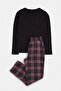 Black Regular Embroidered Plaid Top 100% Cotton Bottom Woven Pajama Set Tmnaw27Pt00046 - 3