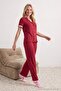 Bordo-Pembe %100 Pamuklu Fırfır Detaylı Örme Pijama Takımı THMSS24PT00223 - 3