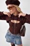 Kahverengi Fitted/Vücuda Oturan Kapüşonlu Dikişli ve Fermuarlı Örme Hırka/Sweatshirt TWOAW27SW00092 - 4