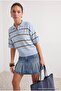 Light Blue Wardrobe Essentials Summer Yarn Striped Polo Collar Blouse Twoss26Bz00127 - 2