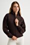 Koyu Kahverengi Vücuda Oturan Kapüşonlu Balon Kol İnterlok Örme Hırka/Sweatshirt TWOAW27SW00044