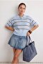 Light Blue Wardrobe Essentials Summer Yarn Striped Polo Collar Blouse Twoss26Bz00127