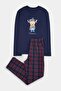 Navy Blue Regular Plaid Teddy Bear Printed Knitted Pajama Set Tmnaw27Pt00034 - 4