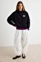 Siyah Kalın Oversize/Geniş Kalıp Slogan Baskılı Kapüşonlu Örme Sweatshirt TWOAW27SW00032