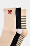 Black-Ecru 3-Piece Cotton Blend Striped Jacquard Knitted Socks Thmaw27Co00022 - 2