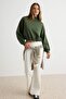 Light Khaki Thick Elastic Waist High Neck Oversize/Wide Cut Crop/Short Knitted Sweatshirt Twoaw27Sw00031