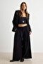 Siyah Düz Wide Leg/Geniş Paça Pile Detaylı Örme Pantolon TWOAW27PL00049