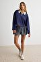 Koyu Lacivert Oversize/Rahat Kesim Dantel Yaka Detaylı Interlok Örme Sweatshirt TWOAW27SW00065 - 5