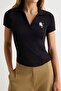 Siyah Baskılı Fitted Polo Yaka Standart Kol Pamuk Ribana Örme Bluz TWOSS26BZ01065 - 3