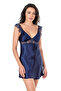 Lace Embroidered Low-Cut Navy Blue Short Satin Nightgown - 2