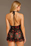 Black Lace Embroidered Rose Pattern Mini Nightgown - 4