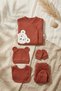 Sage Orange Teddy Bear Embroidered Baby Boy Ribbed Cotton 5-Piece Newborn Hospital Discharge and Baby Set - 3