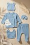 Sage Blue Teddy Bear Embroidered Baby Boy Ribbed Cotton 5-Piece Newborn Hospital Discharge and Baby Set