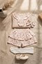 Girl's Mia Flora Waffle Knit Blouse and Floral Layered Shorts Skirt Combination - 3-Piece Set with Bandana - Beige - 7