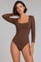 Brown Long Sleeve Square Neck Bodysuit with Snap Buttons at the Bottom