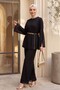 Round Neck Belted Lace Detailed Lined Trouser Suit - Black - 4