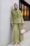 Cupra Suit with Tie Collar, Lace Ruffles, Belted Pants and Lining - Olive - 4