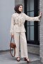Cupra Suit with Tie-Neck Lace, Ruffles, Belted Pants and Lining - Stone Color - 3
