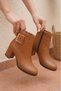 Women's Athens Tan Skin Buckle Detailed Heeled Short Boots - 2