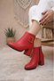 Women's Athens Red Skin Buckle Detailed Heeled Short Boots - 3