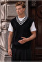 Oxford Relaxed Fit Stripe Collar Braided V-Neck Men's Knitwear Sweater - Black - 6