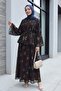 Spanish Sleeve Lined Belted Floral Patterned Skirted Chiffon Suit - Dark Brown - 4