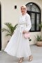 Elastic Waist Belted, Pleated Front, Balloon Sleeve Lined Chiffon Dress -Ecru - 5
